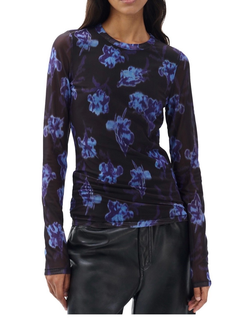 Rag and Bone Yana Long-Sleeve Floral Mesh Top - Black with Blue Floral NWT